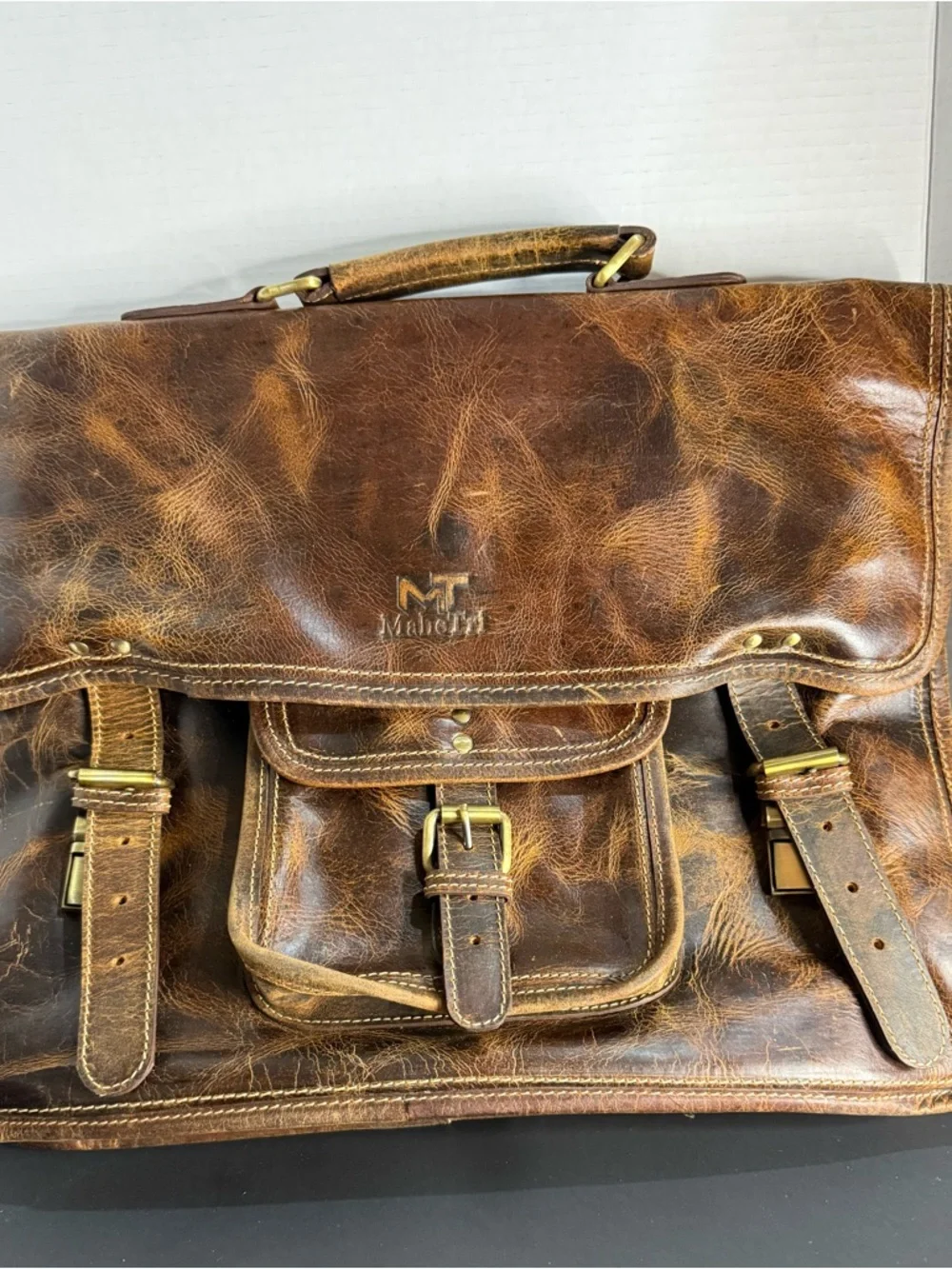 MT Distressed Brown Leather Messenger Bag Briefcase Laptop Satchel Unisex